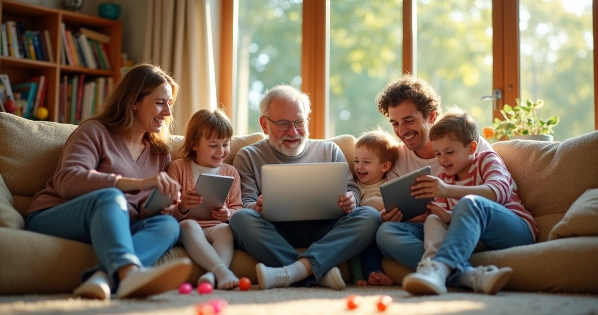 Family gathered in living room, children and parents using tablets together 