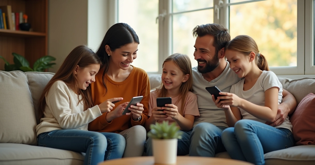 Family sitting together on a couch, each person putting away their devices to focus on one another 