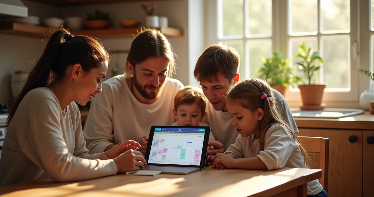 Family checking a digital calendar together on a tablet 