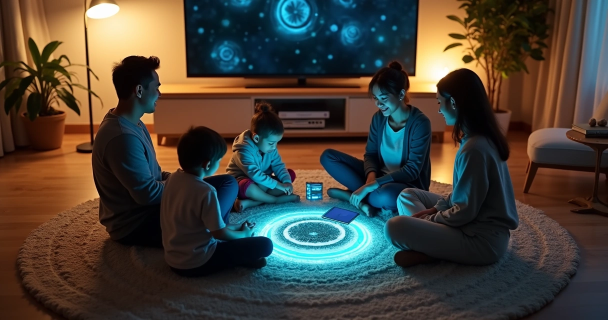 Family sitting in a circle on the floor surrounded by a soft digital glow 