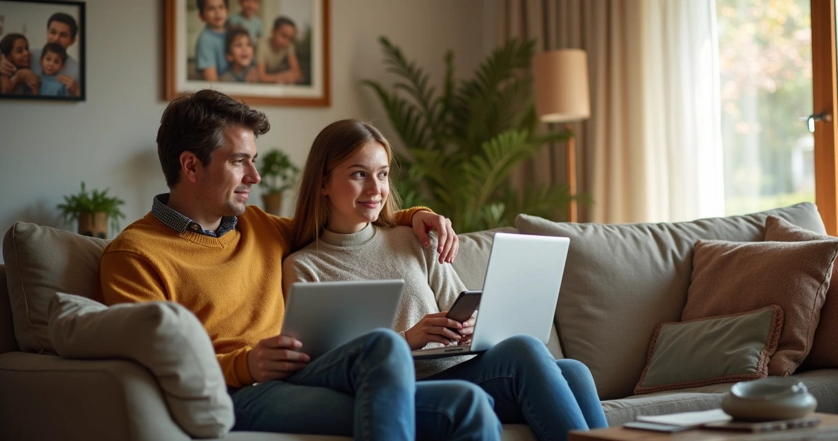 Family talking together in the living room with devices nearby 