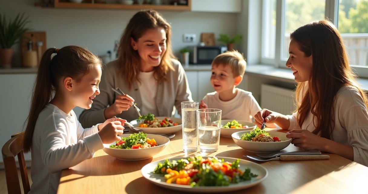 Family sitting at dining table eating prepped bowls with grains and vegetables 