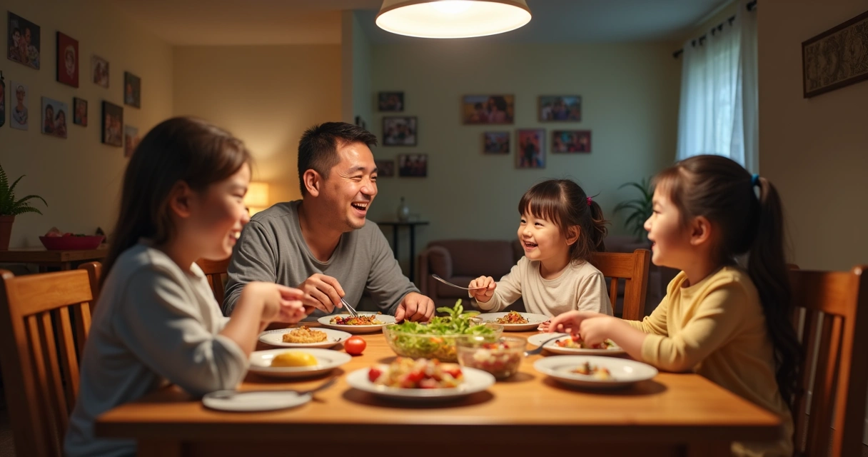Family of four sitting at dinner table, laughing and sharing food