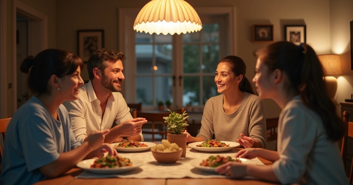 Family members talking at a dinner table with warm lighting