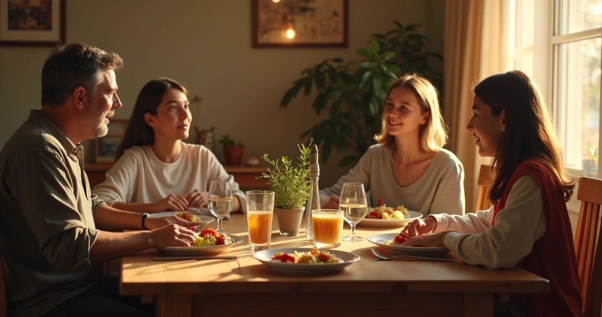 Family talking during dinner at a wooden table 