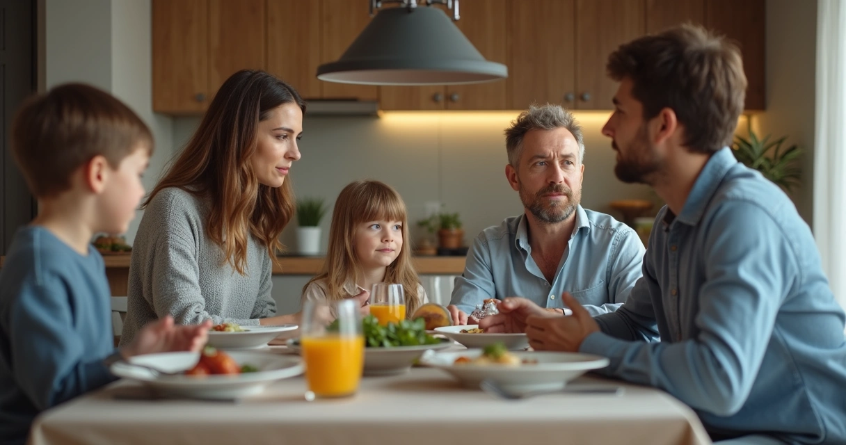 Blended family sitting apart at dinner table