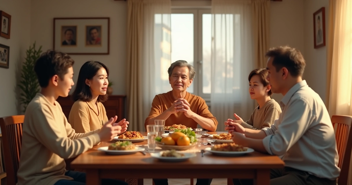 Family dinner with different emotional expressions 