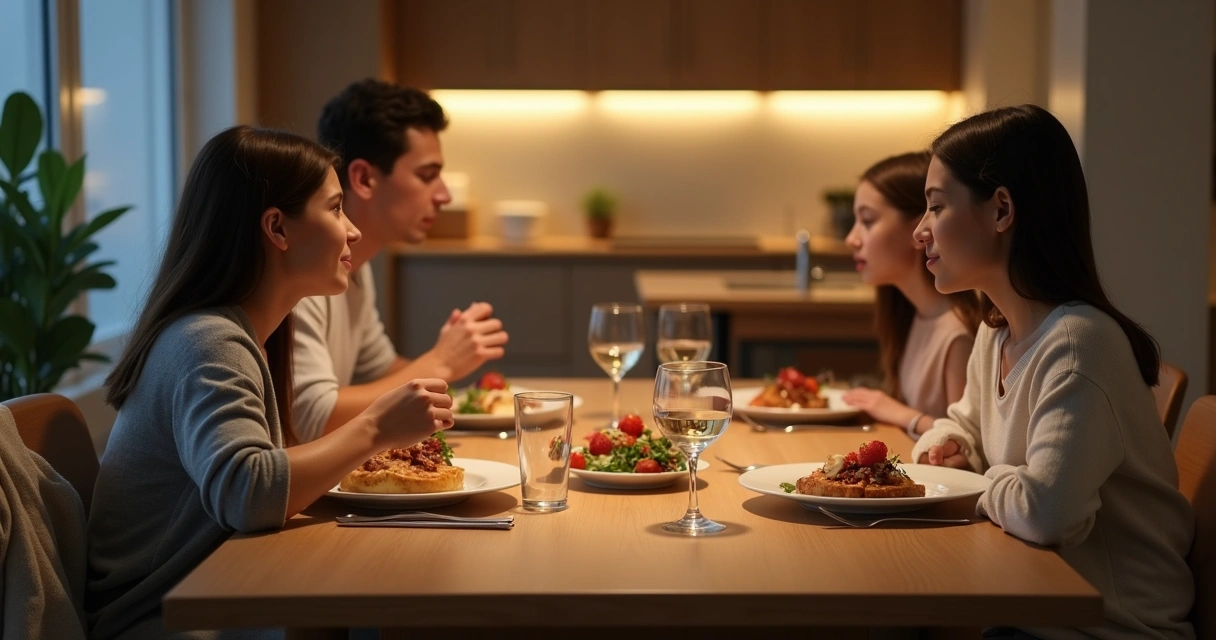 Family dinner table with one empty chair and untouched plate 