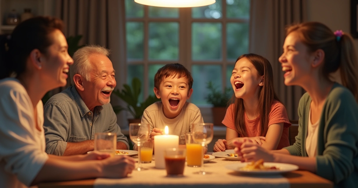 Family at dinner showing both laughter and tension at the table