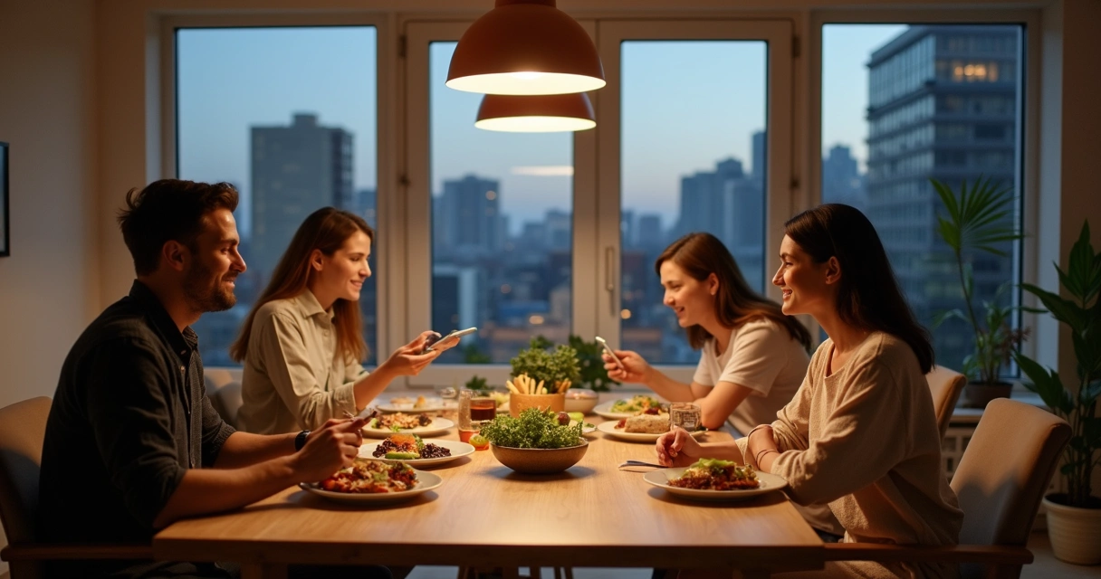 Family having dinner without phones at the table 