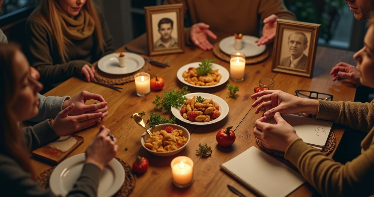 Family dinner table with old photos and hands gathered 