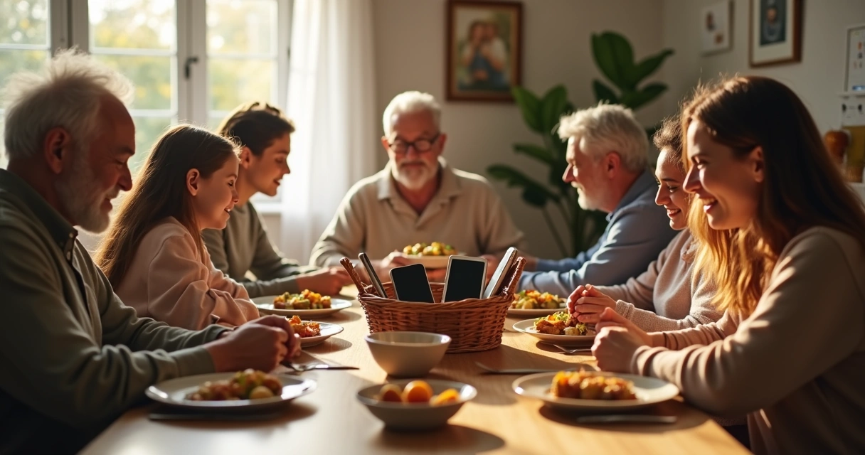 Family dinner table with a phone basket in the center