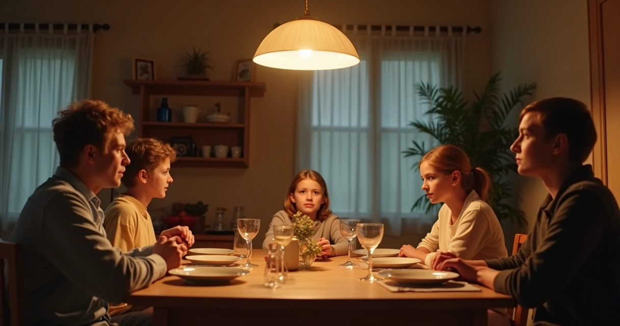 Family sharing a quiet dinner ritual at home