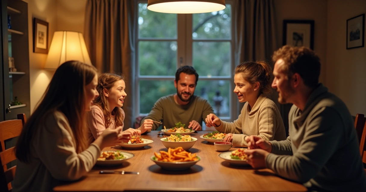 Family sitting at dinner table sharing a meal and conversation