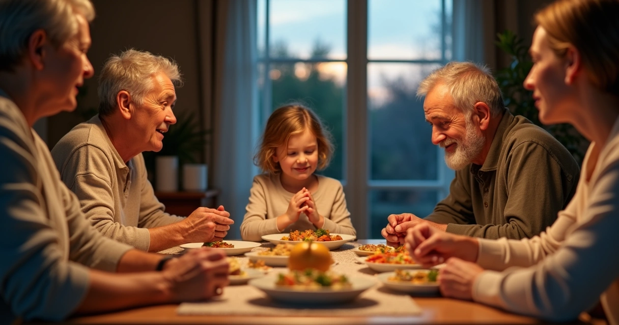 Family gathered at dinner table sharing meal