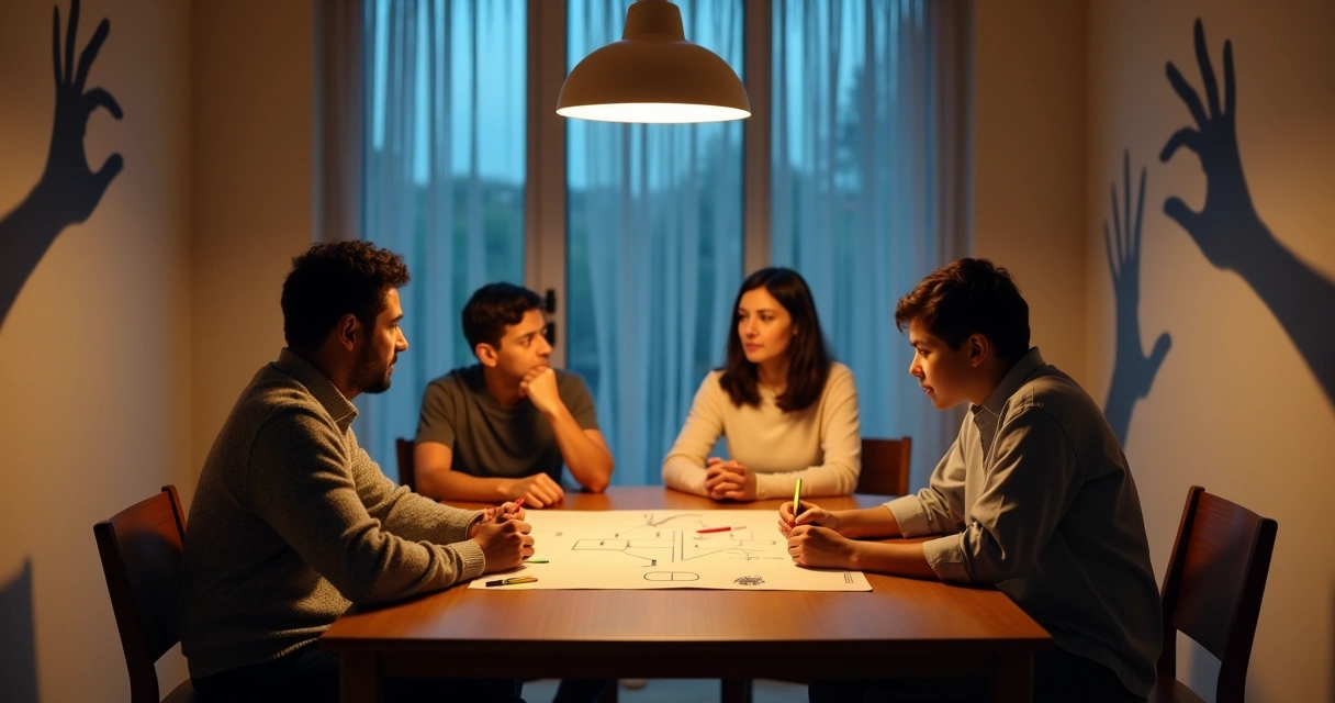 Family at dinner table framed by oversized symbolic shadow hands 