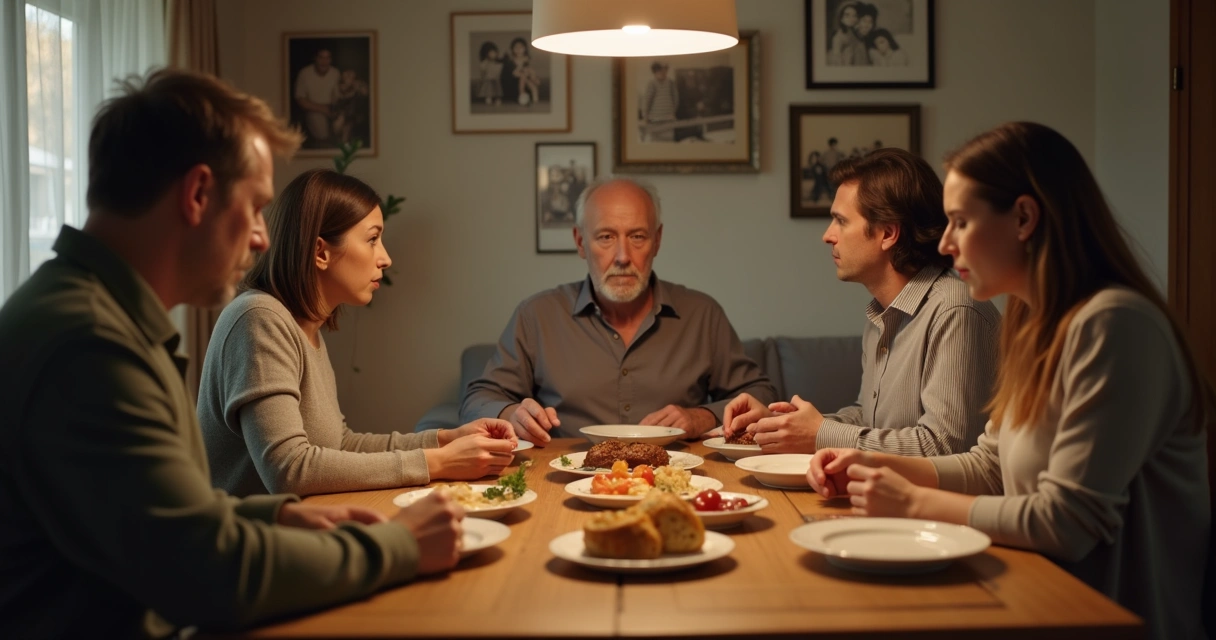 Family sitting in silence at a dinner table with tense body language