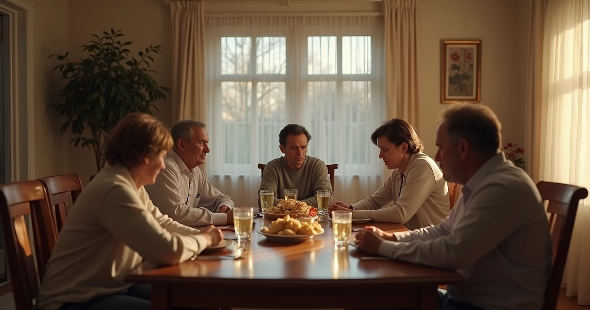 Quiet family dinner with tense body language around a table