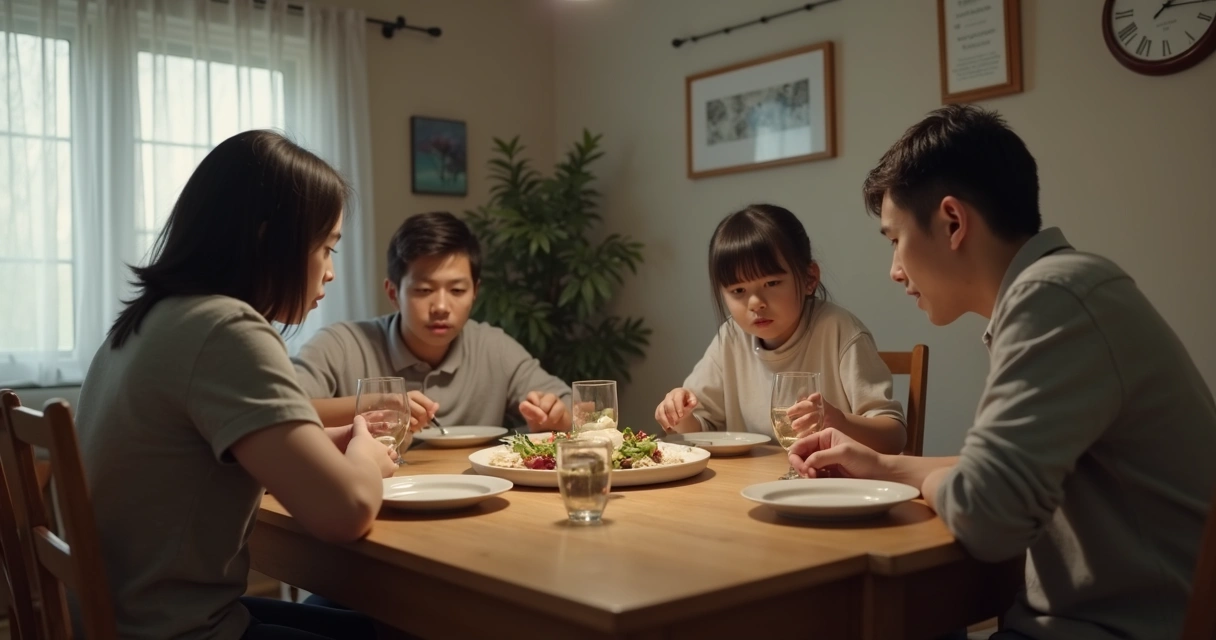 Quiet family dinner with tense body language around a table 