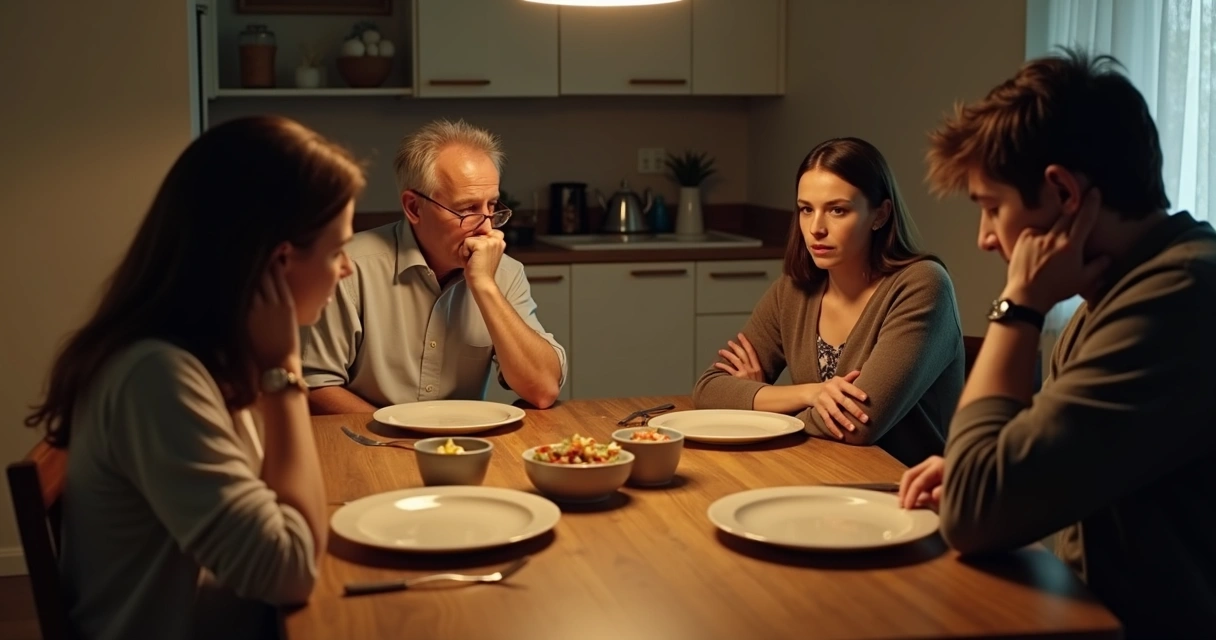 Family sitting in tense silence at a dinner table 