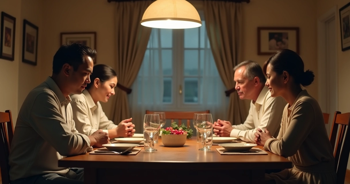 Quiet family dinner with tense body language 