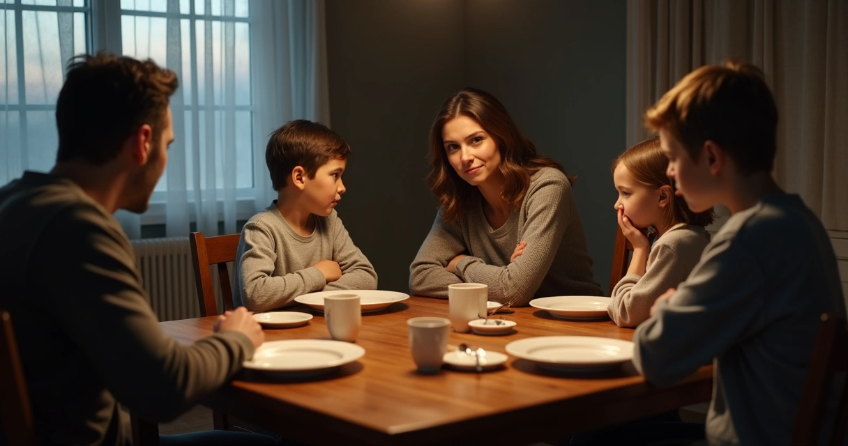 Family sitting quietly at a dinner table in a tense home atmosphere 