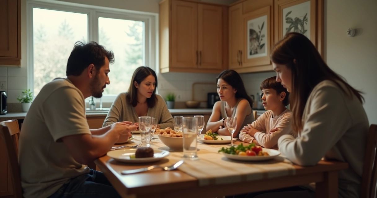 Family sitting quietly at a dinner table with visible emotional distance