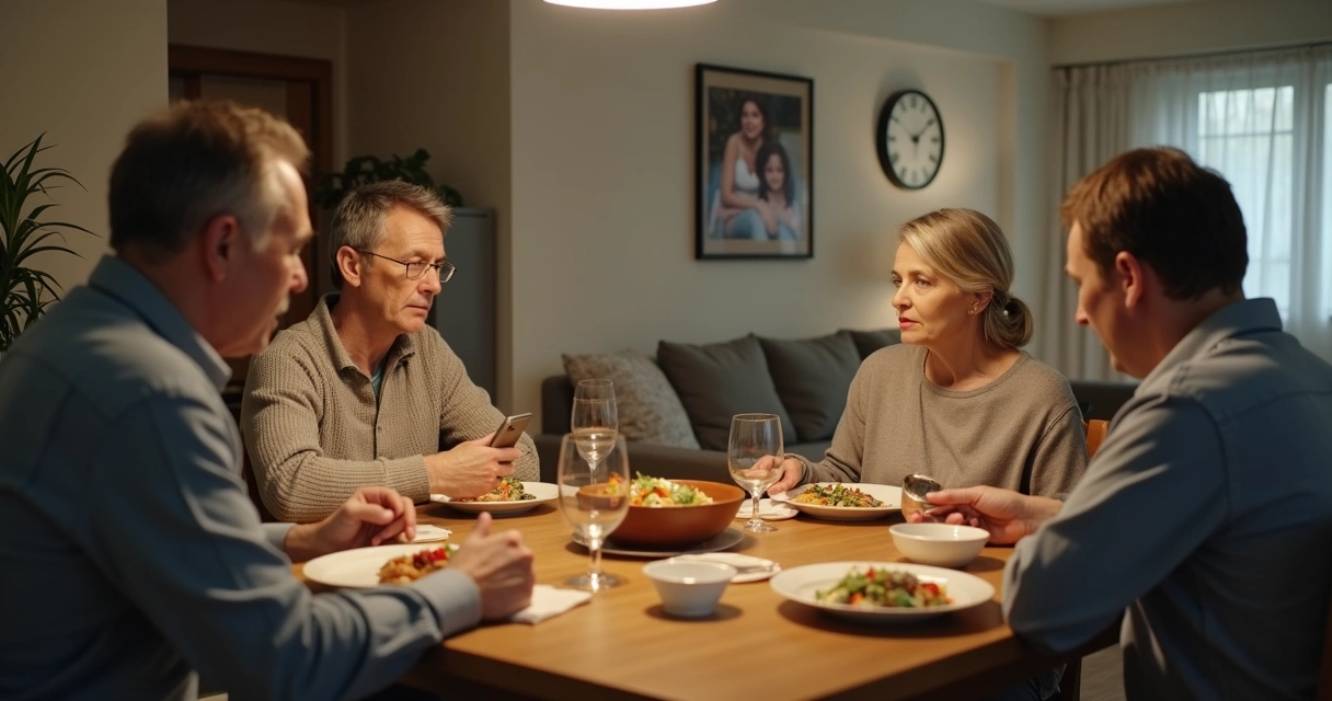 Family sitting quietly at dinner table with visible emotional distance 