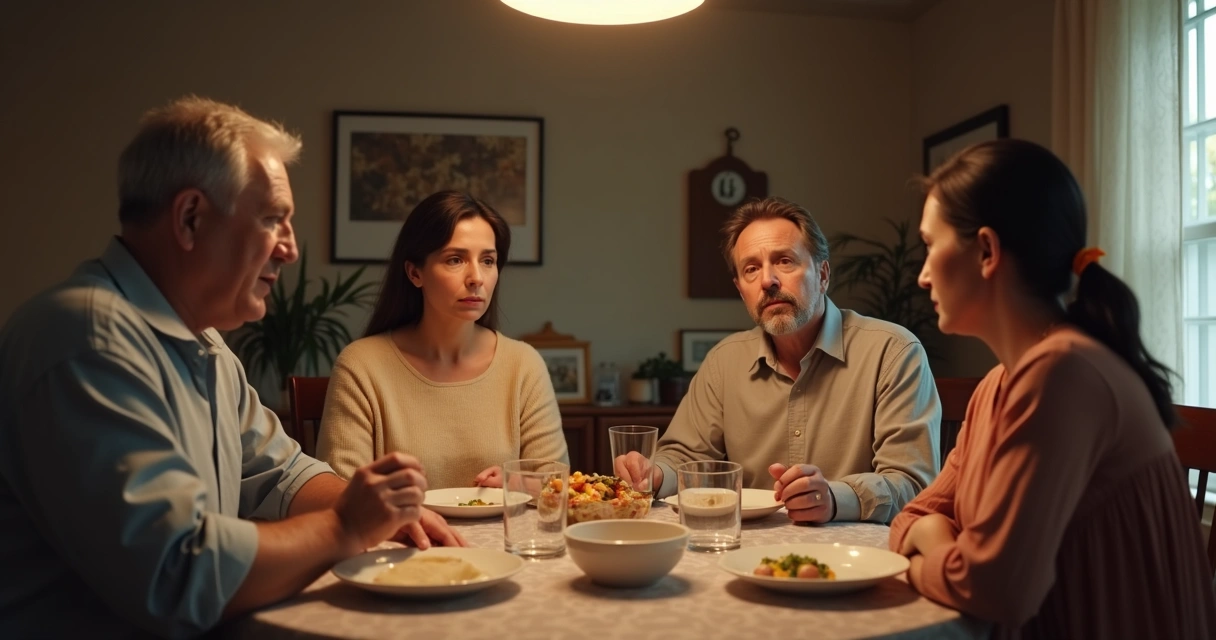 Family at dinner with subtle emotional distance