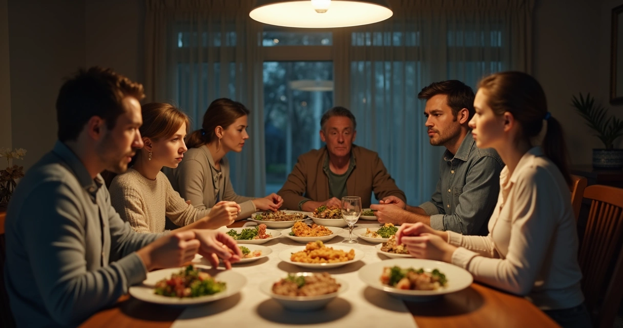 Family sitting at dinner table, silent expressions, subdued colors
