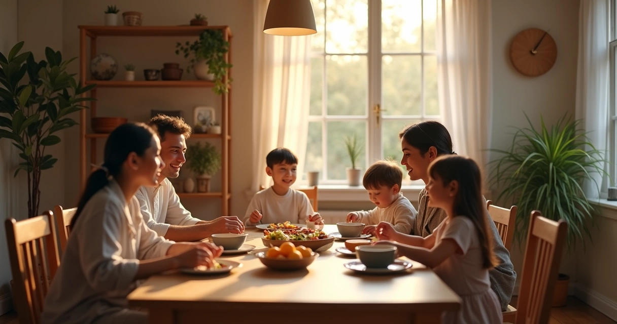Family sharing dinner at a warm wooden table 