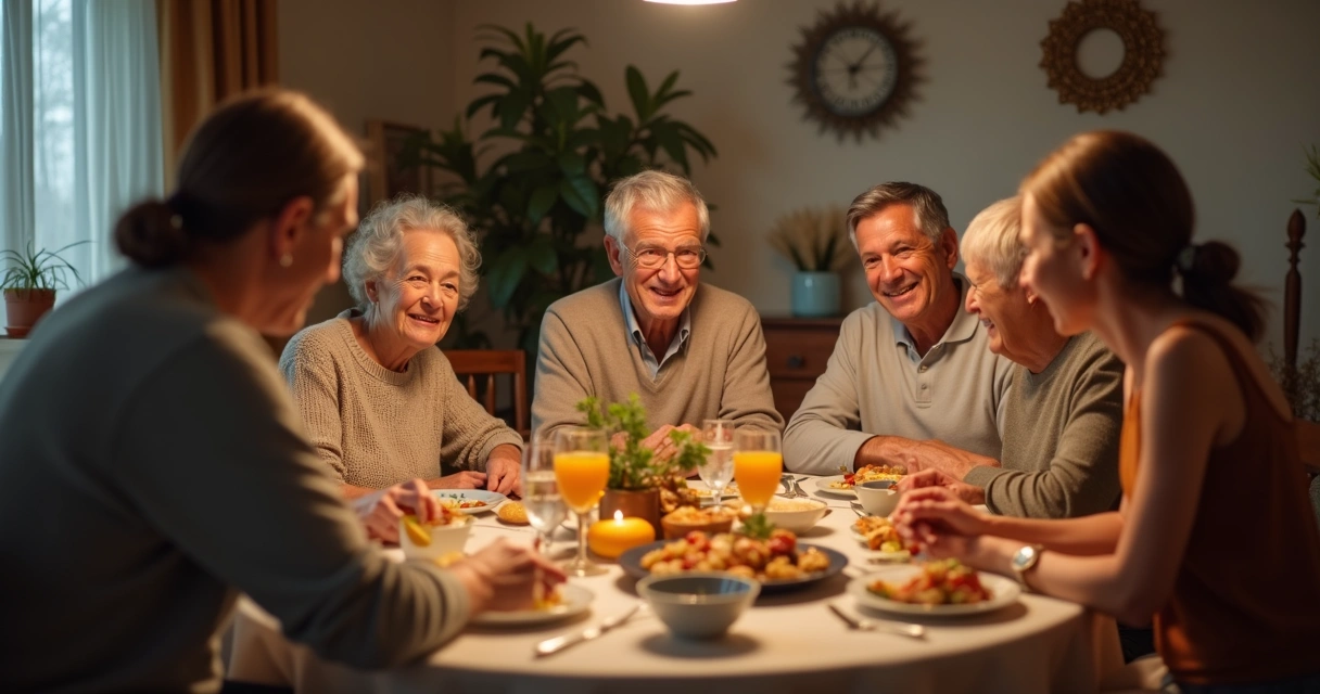 Family gathered around dinner table 