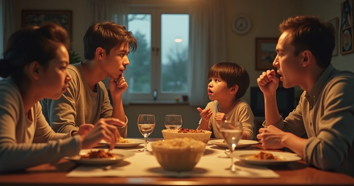 Family gathered at dinner table with underlying tension 