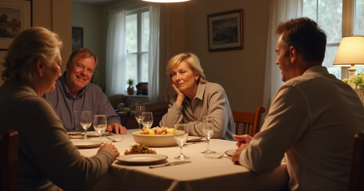 Family dinner table with tense body language after a comment
