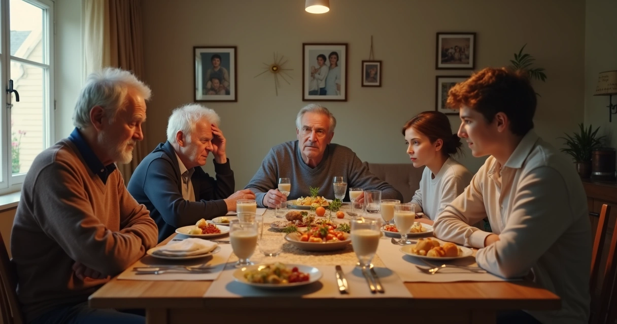 Three generations at a dinner table during a tense family conversation