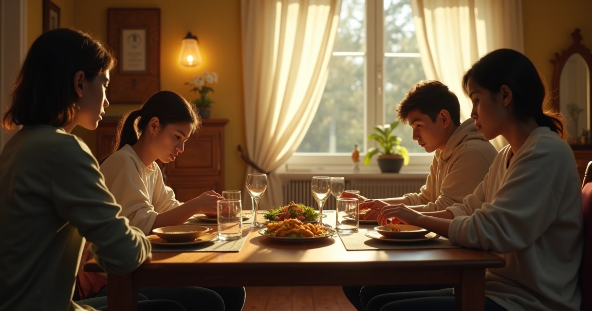 Family sitting at dinner table in tense silence 