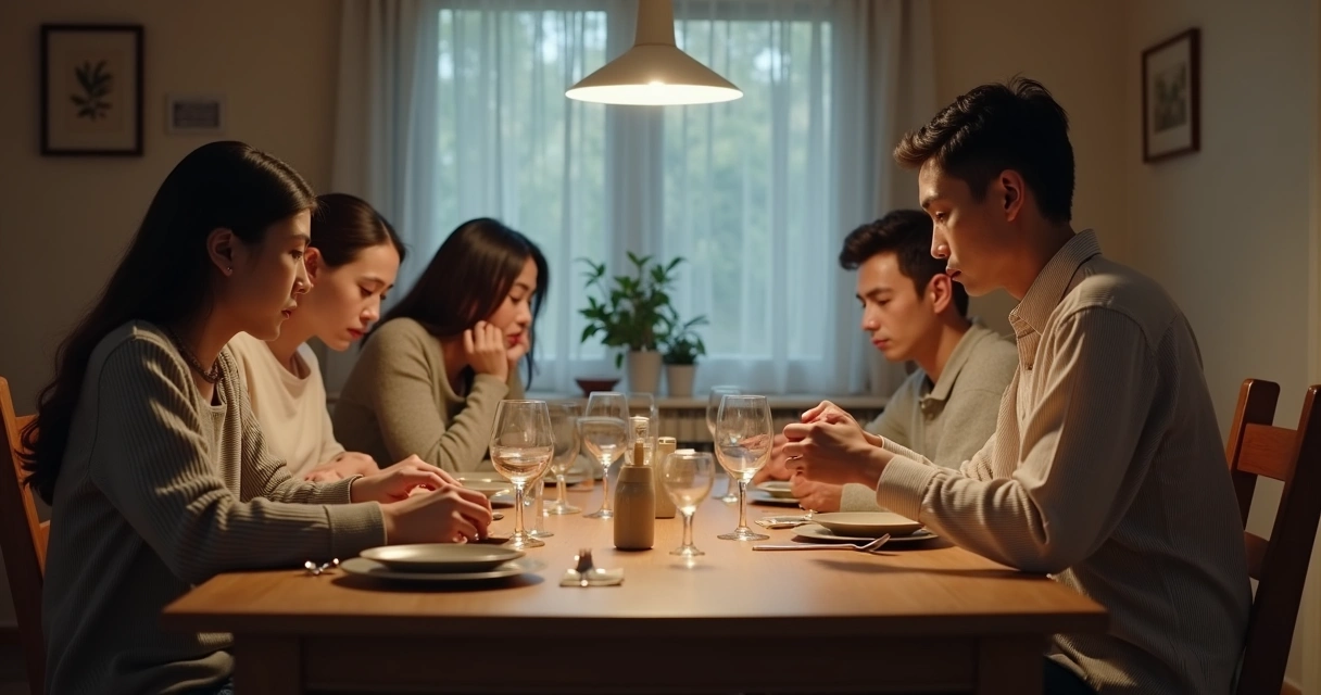Family sitting in tense silence at a dinner table 