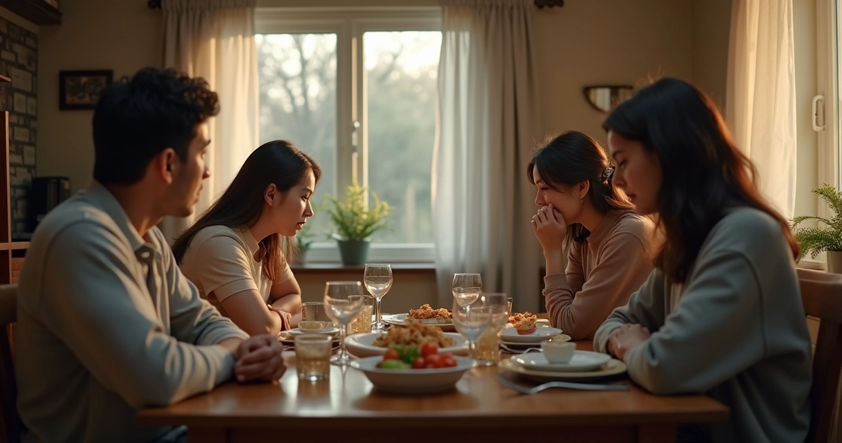 Family sitting in silence at a dinner table with visible tension 