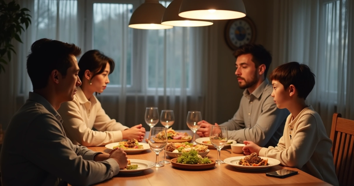 Family sitting in silence at dinner table