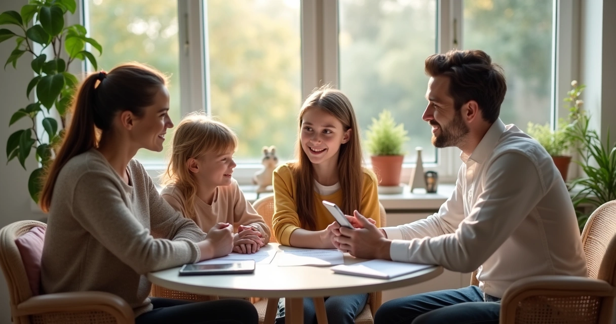 Family meeting with mortgage specialist in cozy office