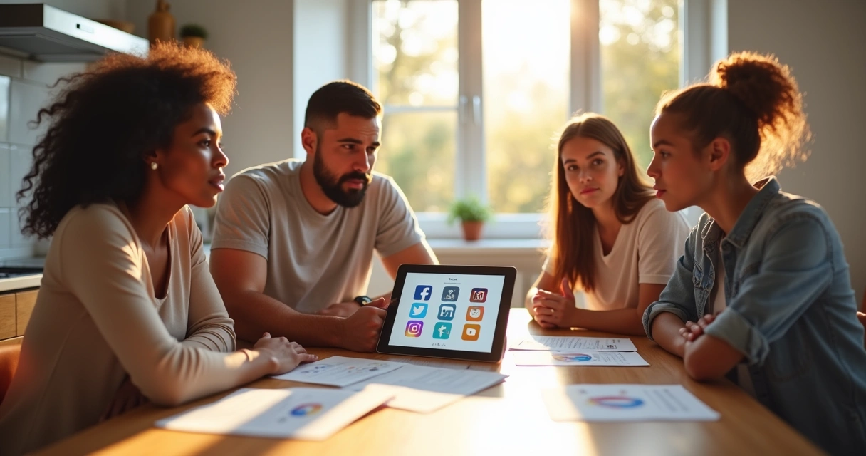 Family sitting around a kitchen table discussing social media rules 