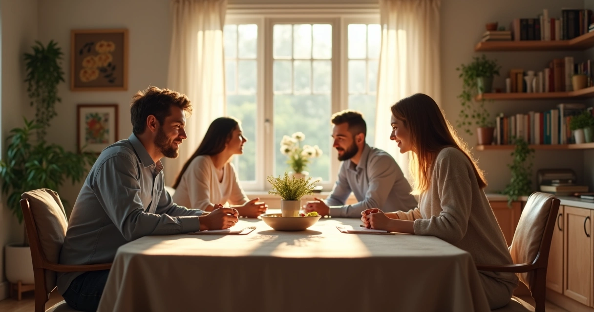 Family having a thoughtful discussion at home, everyone attentive and respecting each other's words.