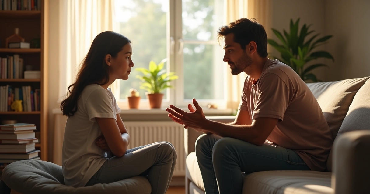 Family sitting in a living room, some engaged in gentle boundary-setting conversation. 