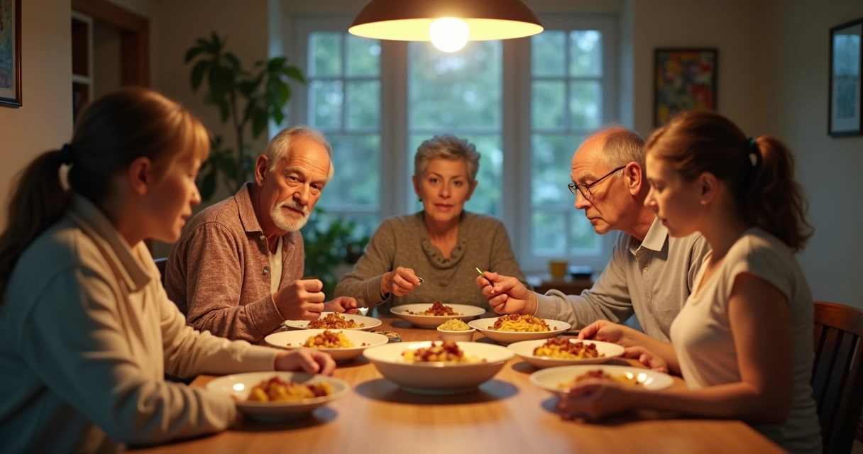 Family at dinner table, having a calm discussion after initial tension. 