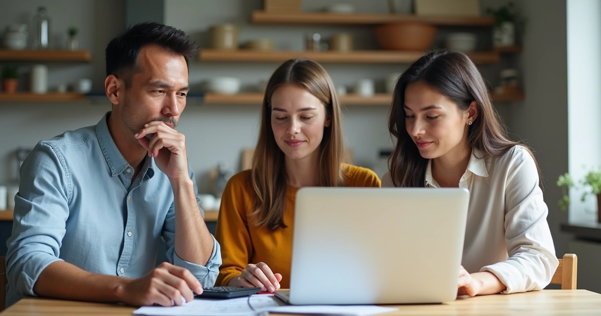 Family discussing finances at kitchen table