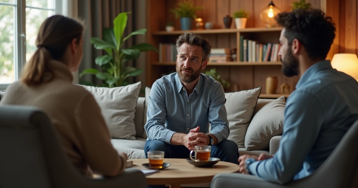 Three people in a family discussion, sitting in a living room 