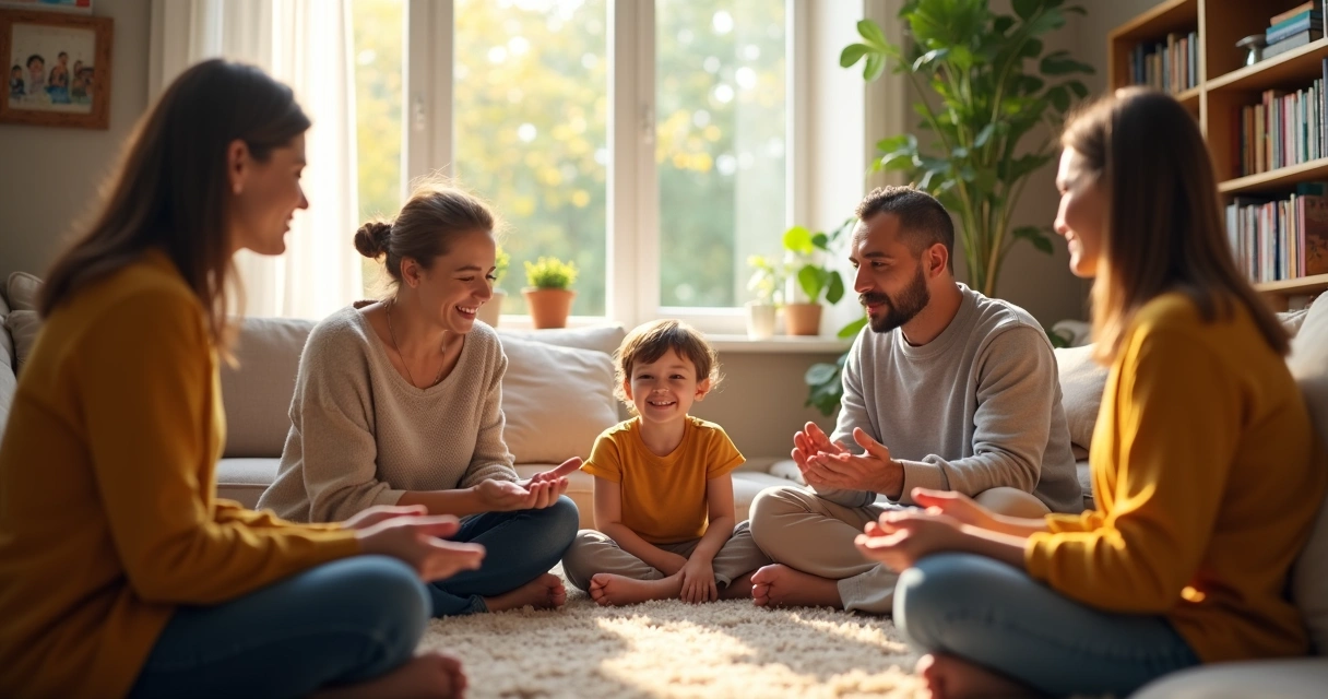 Group of family members in a living room talking calmly 