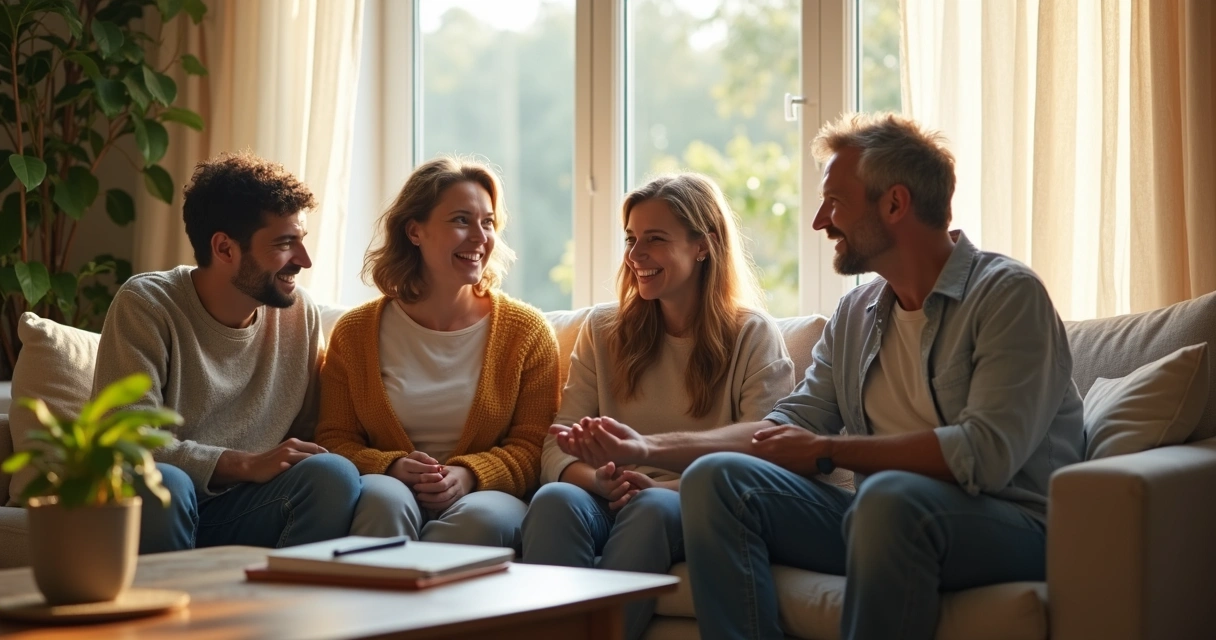 Family sitting together discussing emotions 