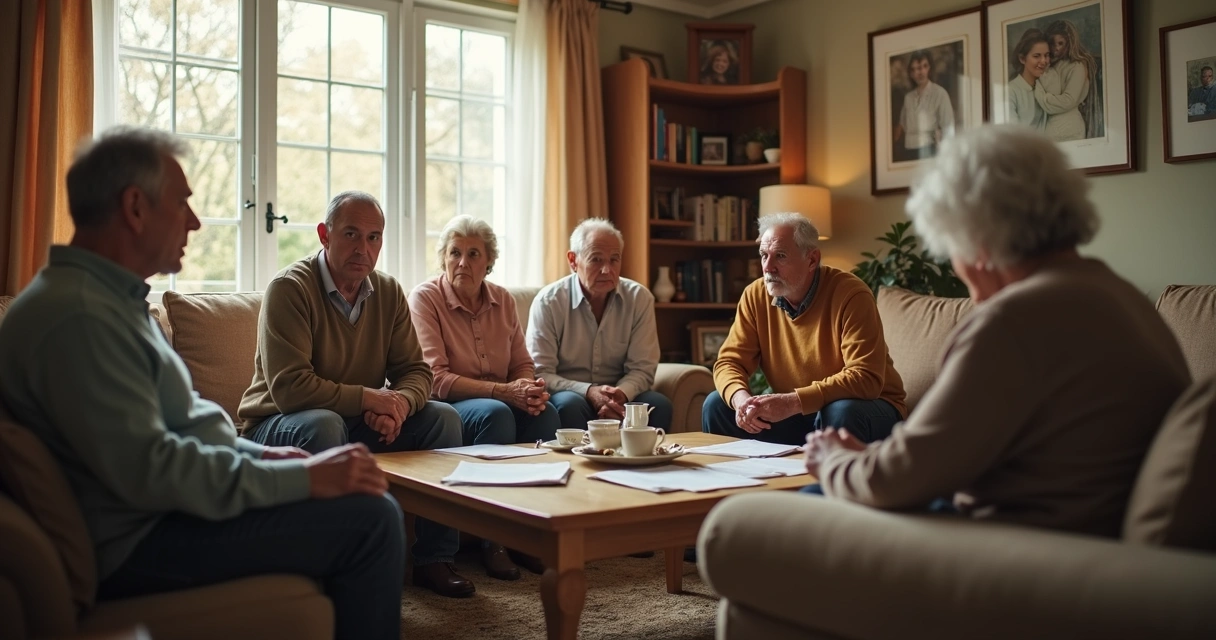 Family seated in a living room during a serious discussion 