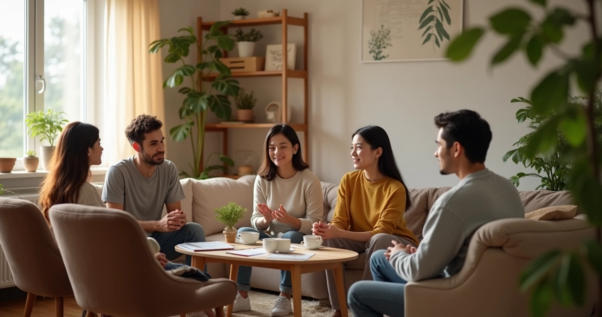 Family talking in a calm living room circle